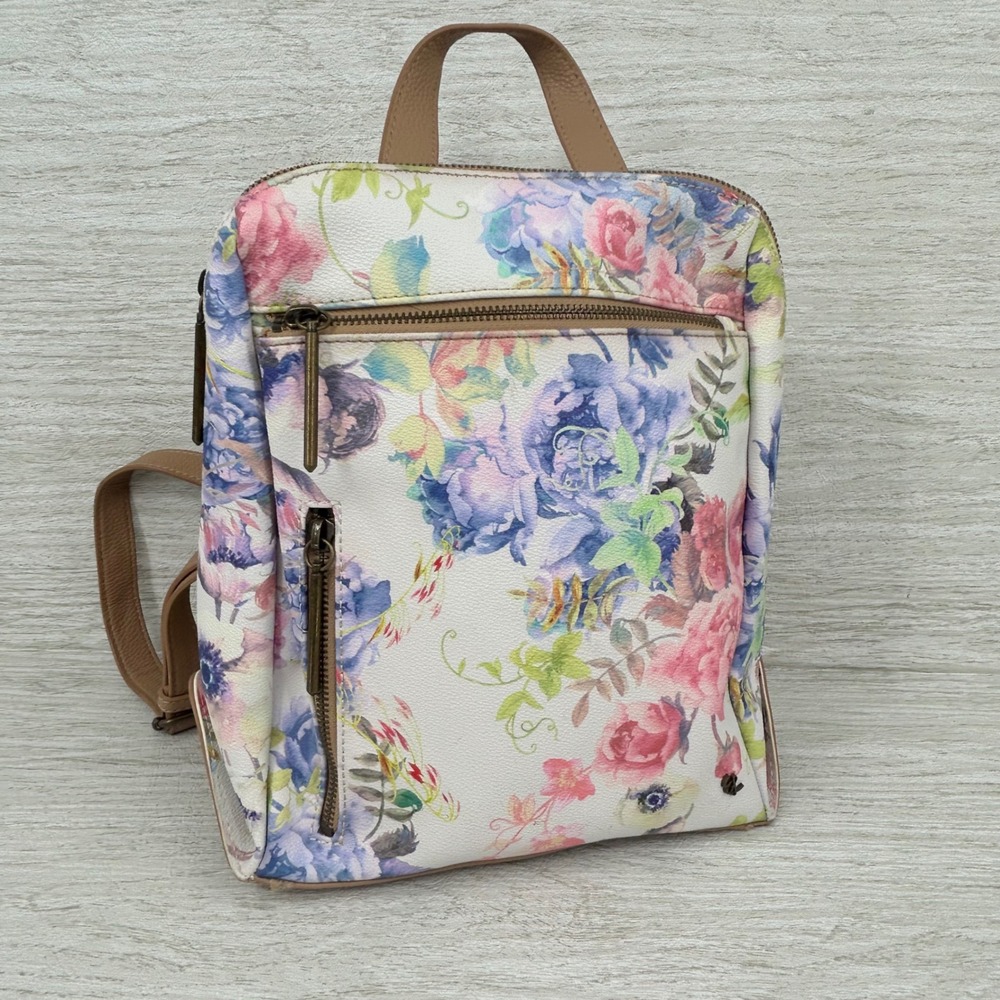 Elliott Lucca Floral Print Backpack White Pink Purple Faux Leather Mini Bag